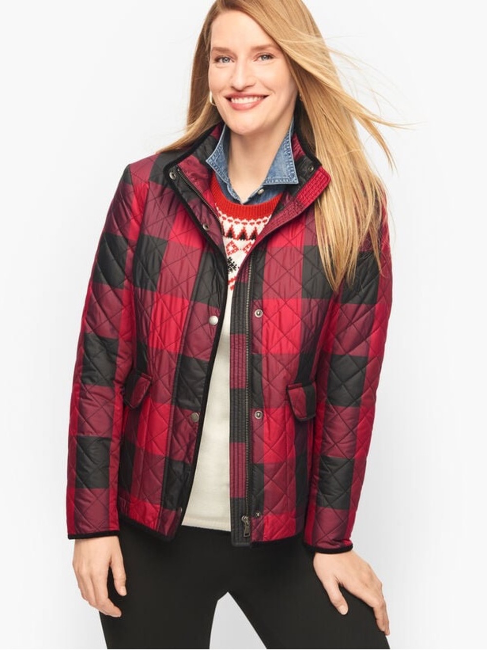 Talbots Petite LP Buffalo Quilted Short Coat Pink Black Plaid Jacket Fall Winter